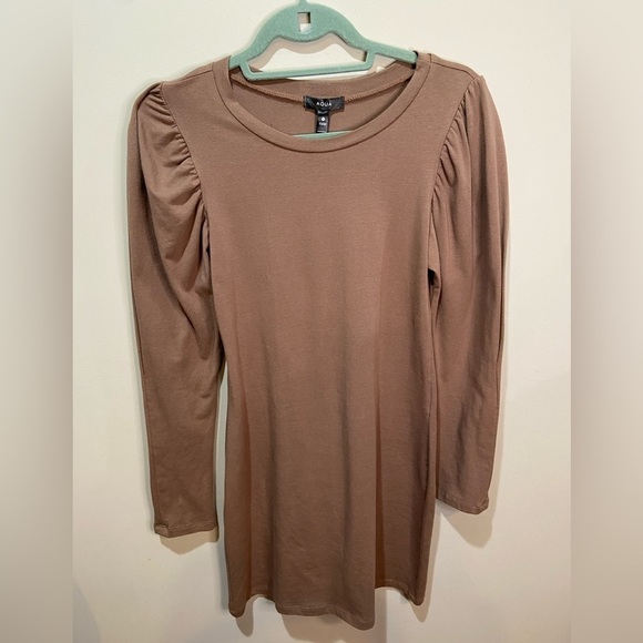 AQUA Puff Sleeve Bodycon Dress Dark Mocha Cotton Blend sz Small NWT - Picture 1 of 7